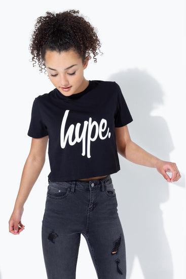 Hype Black White Script Kids Crop T-Shirt