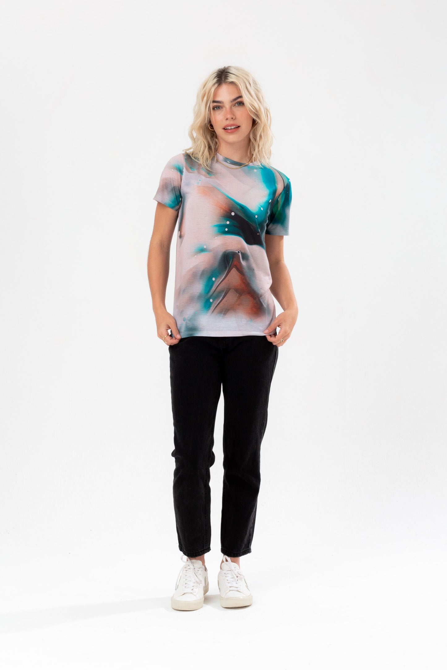 HYPE WOMENS MILK MARBLE JUSTHYPE WOVEN TAB T-SHIRT