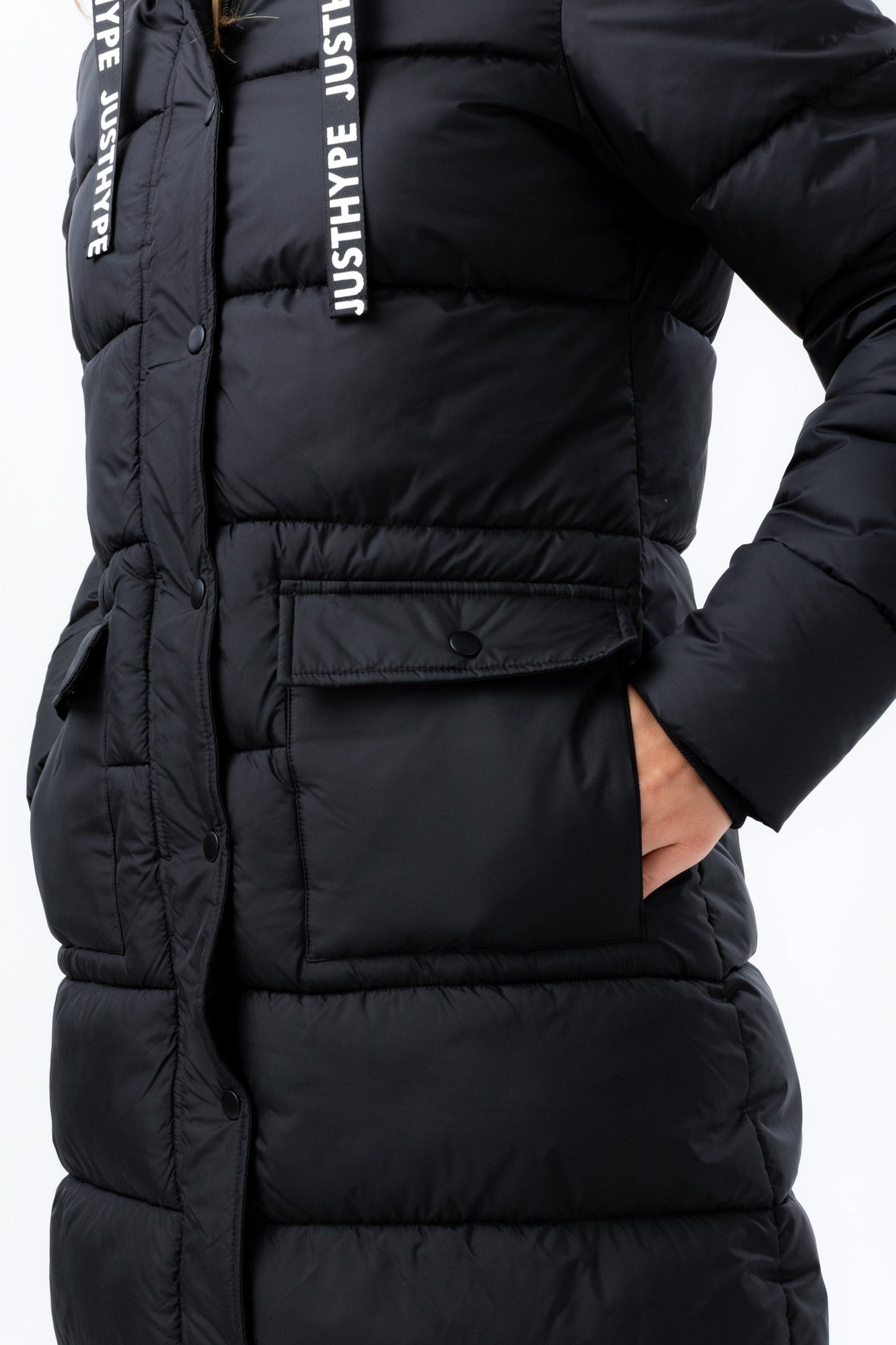 HYPE WOMENS BLACK PADDED LONGLINE JACKET