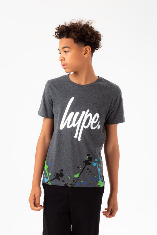 HYPE BOYS DARK GREY MARL BLUE SPLAT SCRIPT T-SHIRT