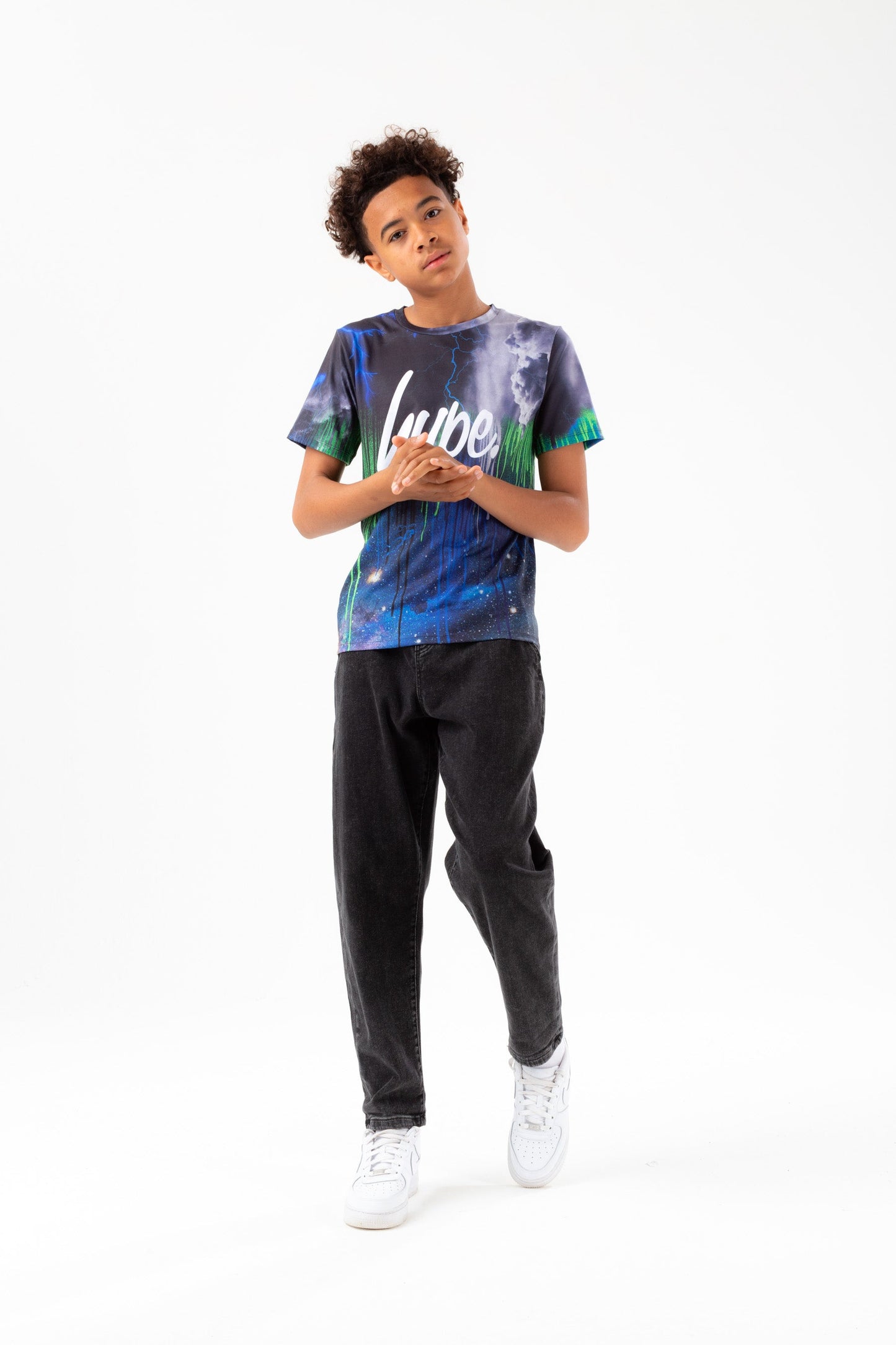 HYPE BOYS NAVY STORM DRIPS SCRIPT T-SHIRT