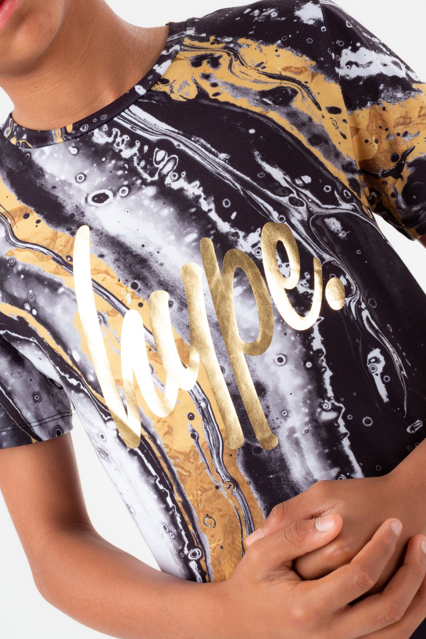 HYPE BOYS BLACK MARBLE GOLD FOIL SCRIPT T-SHIRT