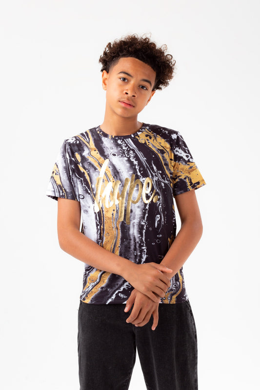 HYPE BOYS BLACK MARBLE GOLD FOIL SCRIPT T-SHIRT