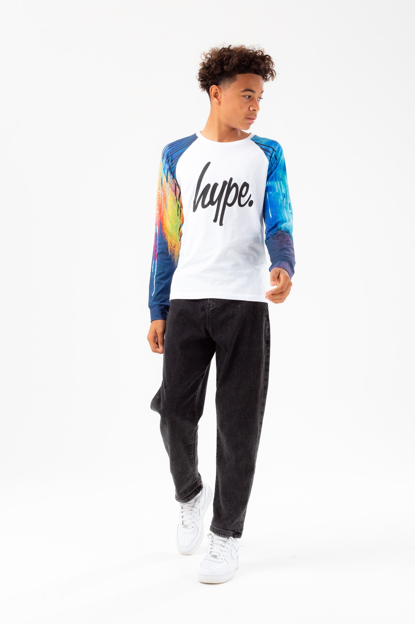 HYPE BOYS WHITE CONTRAST WATERCOLOUR DRIPS SCRIPT L/S T-SHIRT