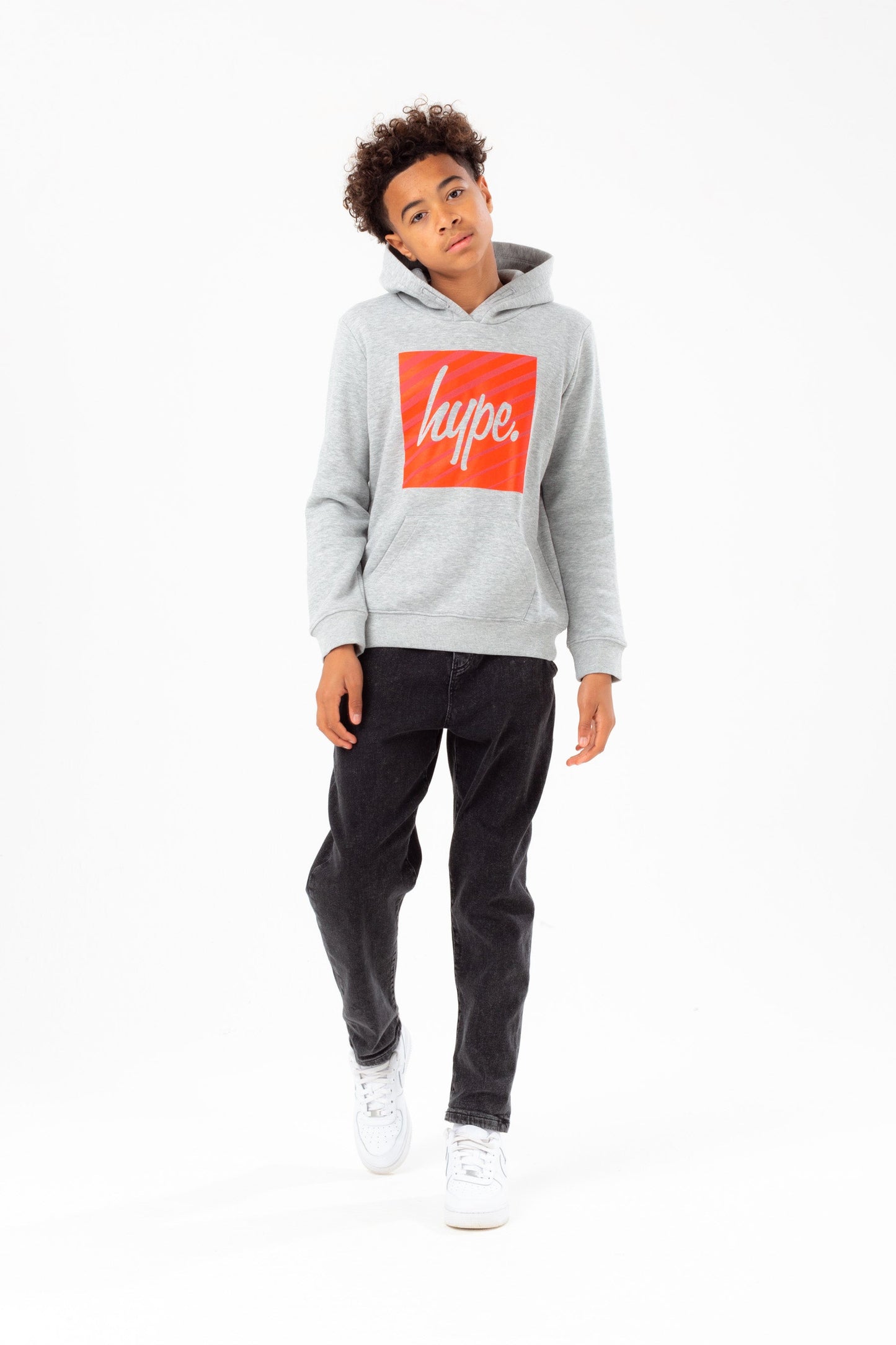 HYPE BOYS GREY MARL RED BOX SCRIPT HOODIE