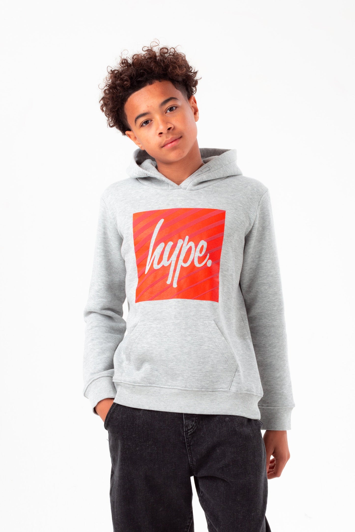 HYPE BOYS GREY MARL RED BOX SCRIPT HOODIE