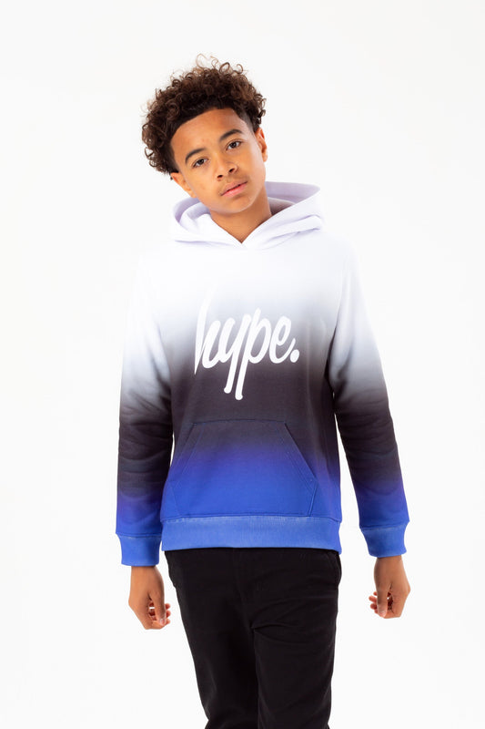 HYPE BOYS WHITE BLACK BLUE FADE SCRIPT HOODIE