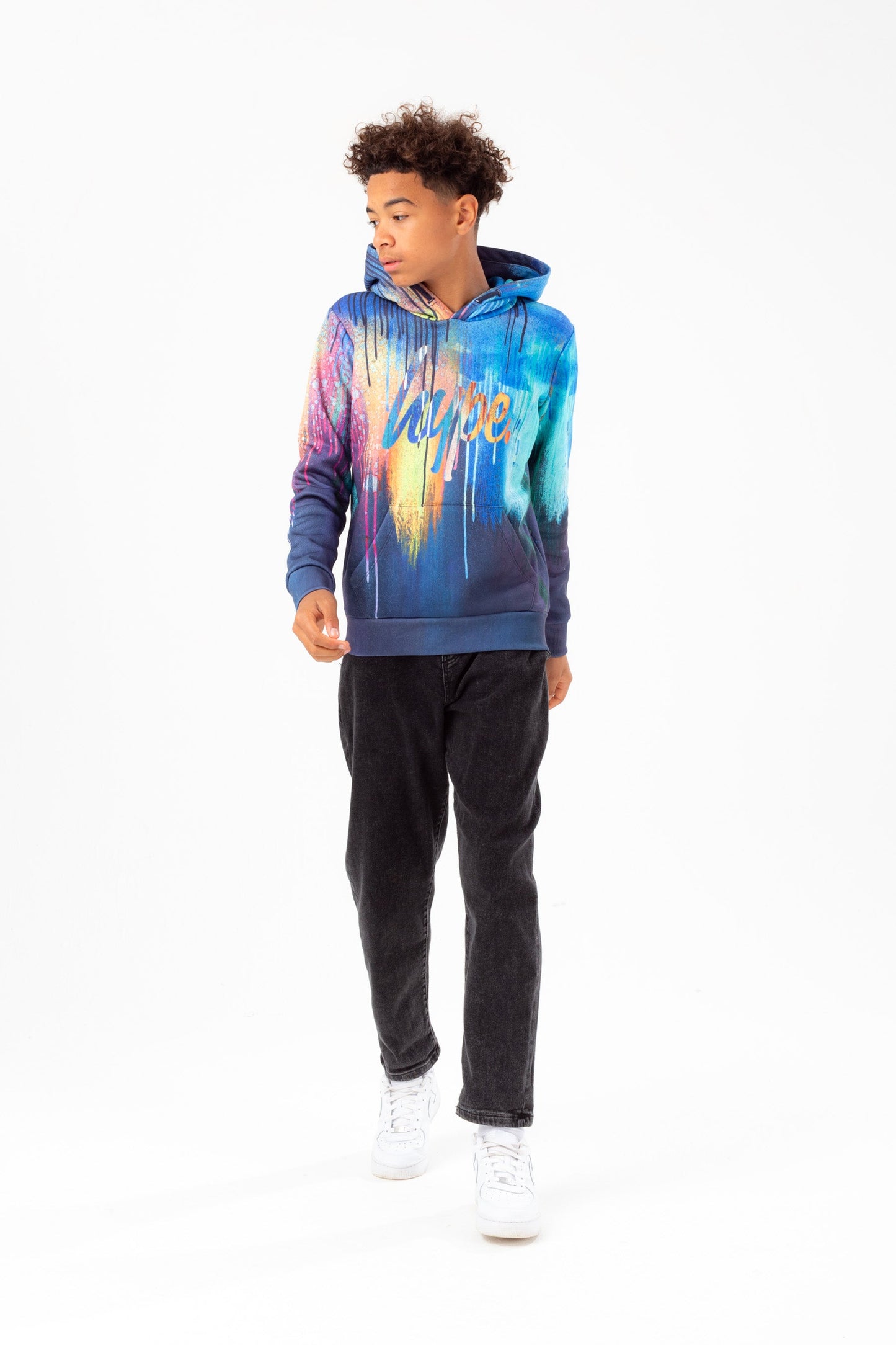 HYPE BOYS NAVY WATERCOLOUR DRIPS SCRIPT HOODIE