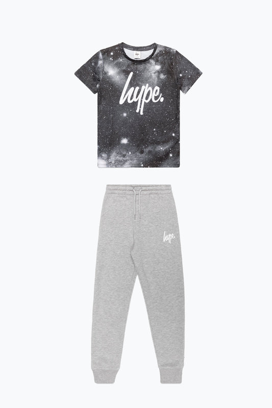 HYPE BOYS BLACK GREY SPACE SCRIPT T-SHIRT AND JOGGERS
