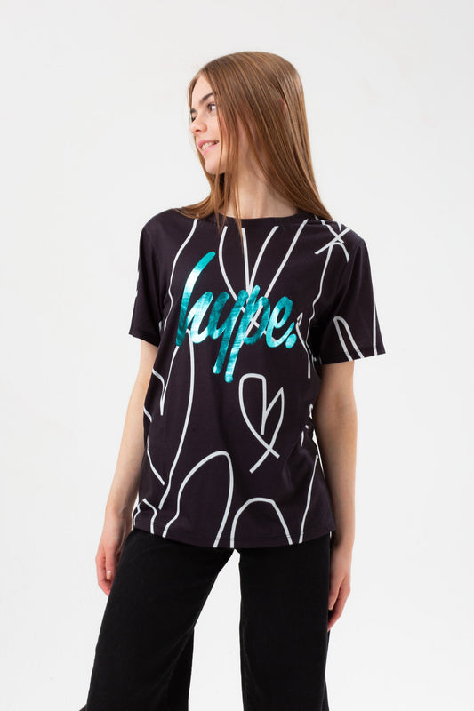 HYPE GIRLS BLACK SKETCH HEART HOLOGRAPHIC SCRIPT T-SHIRT