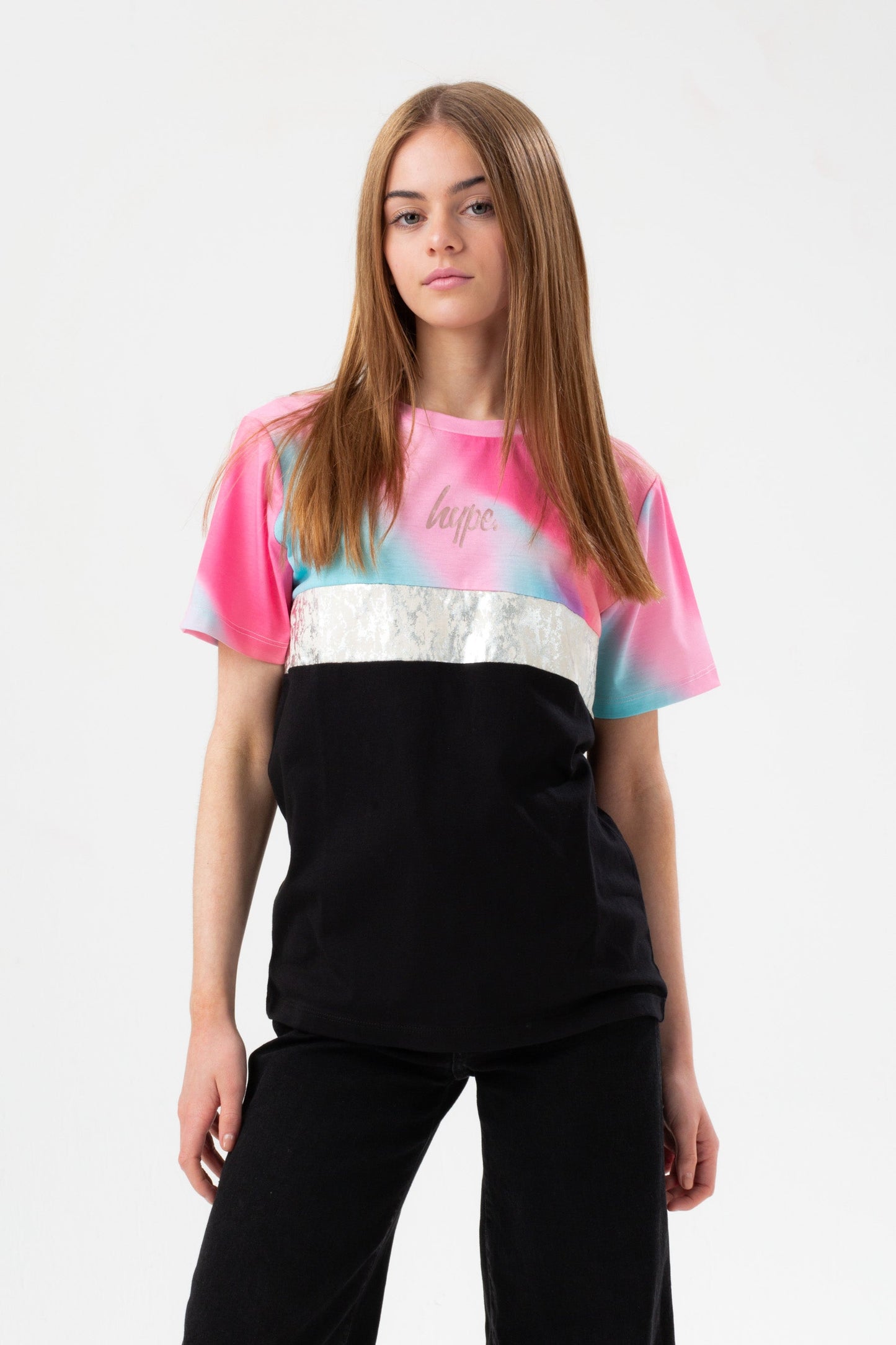 HYPE GIRLS BLACK PASTEL WAVE PANEL SCRIPT T-SHIRT