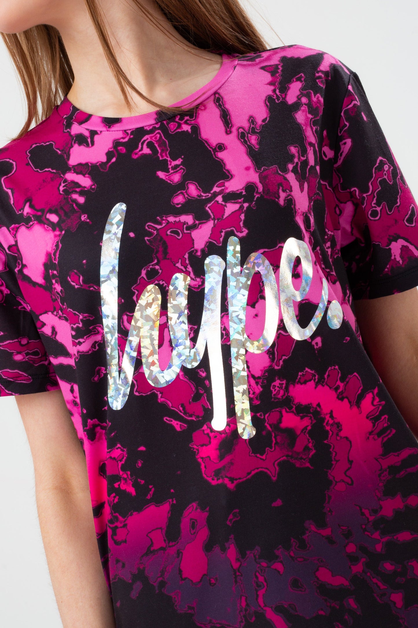 HYPE GIRLS PINK FADE TIE DYE SILVER SCRIPT T-SHIRT