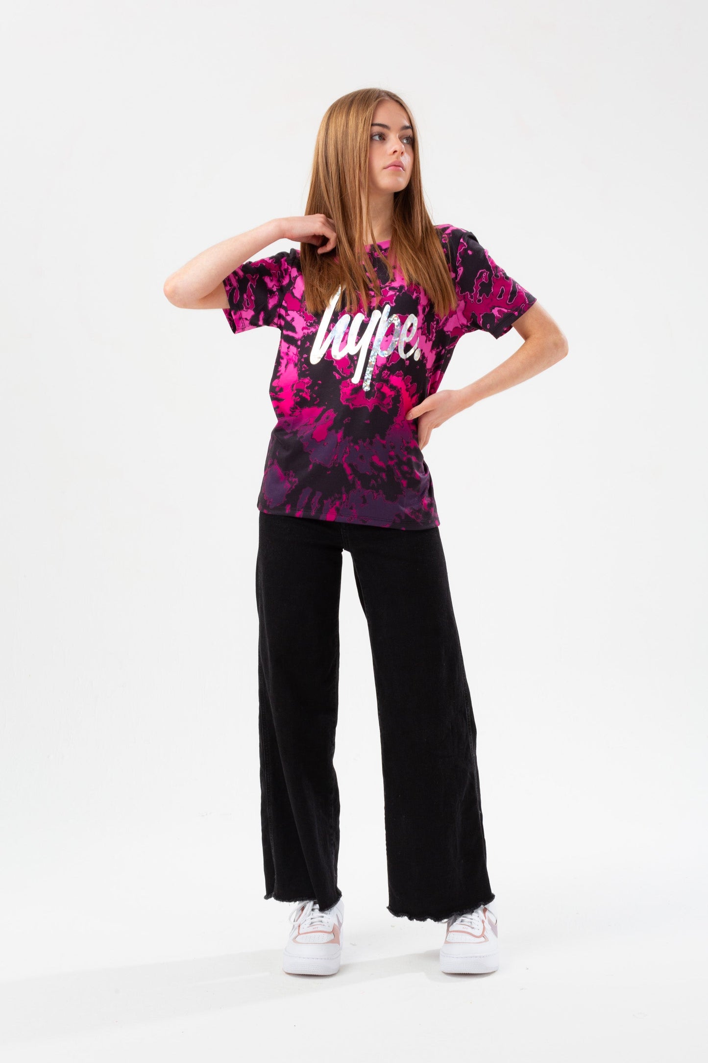 HYPE GIRLS PINK FADE TIE DYE SILVER SCRIPT T-SHIRT