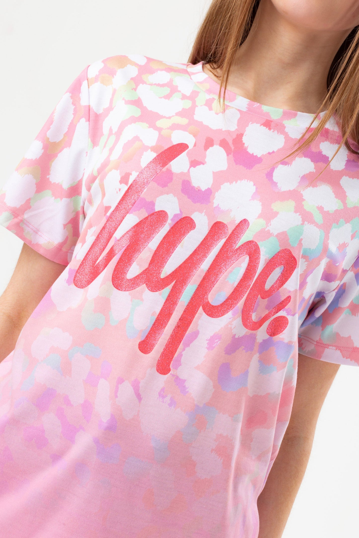 HYPE GIRLS PINK FADE RAINBOW LEOPARD GLITTER SCRIPT T-SHIRT