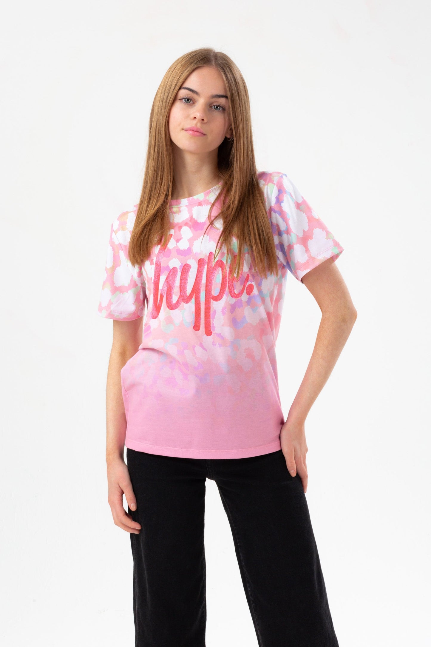 HYPE GIRLS PINK FADE RAINBOW LEOPARD GLITTER SCRIPT T-SHIRT