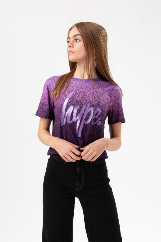 HYPE GIRLS PURPLE SPECKLE FADE GLITTER SCRIPT CROPPED T-SHIRT