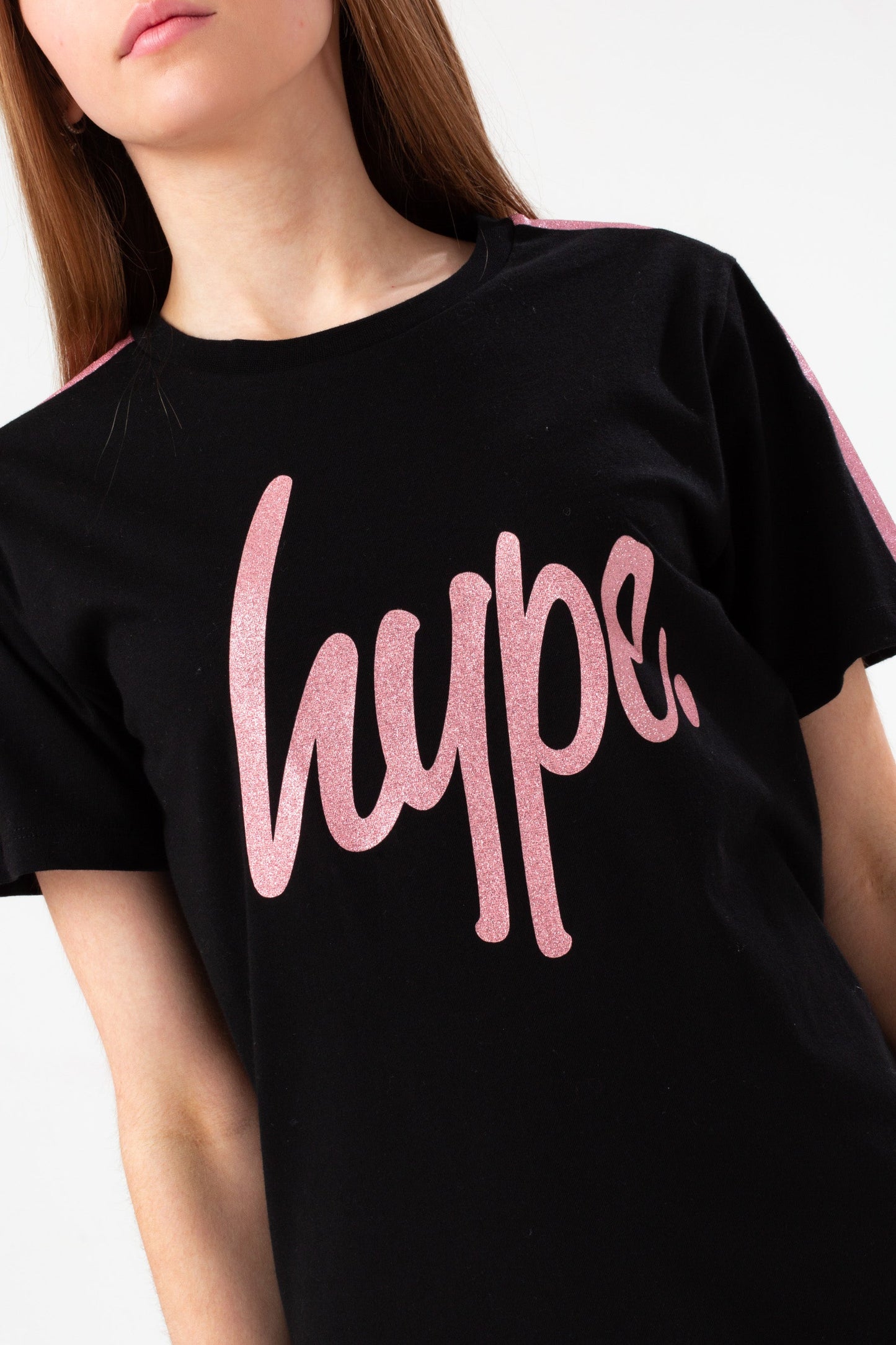 HYPE GIRLS BLACK PINK PANEL SCRIPT T-SHIRT DRESS