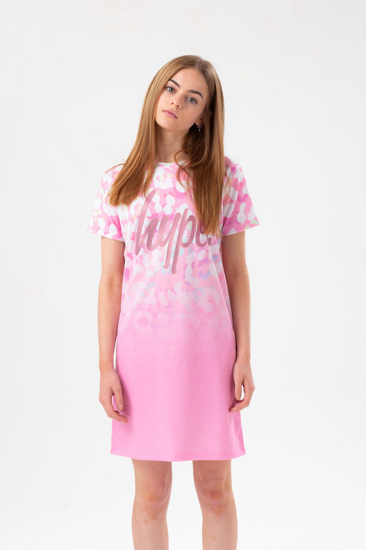 HYPE GIRLS RAINBOW LEOPARD GLITTER SCRIPT T-SHIRT DRESS