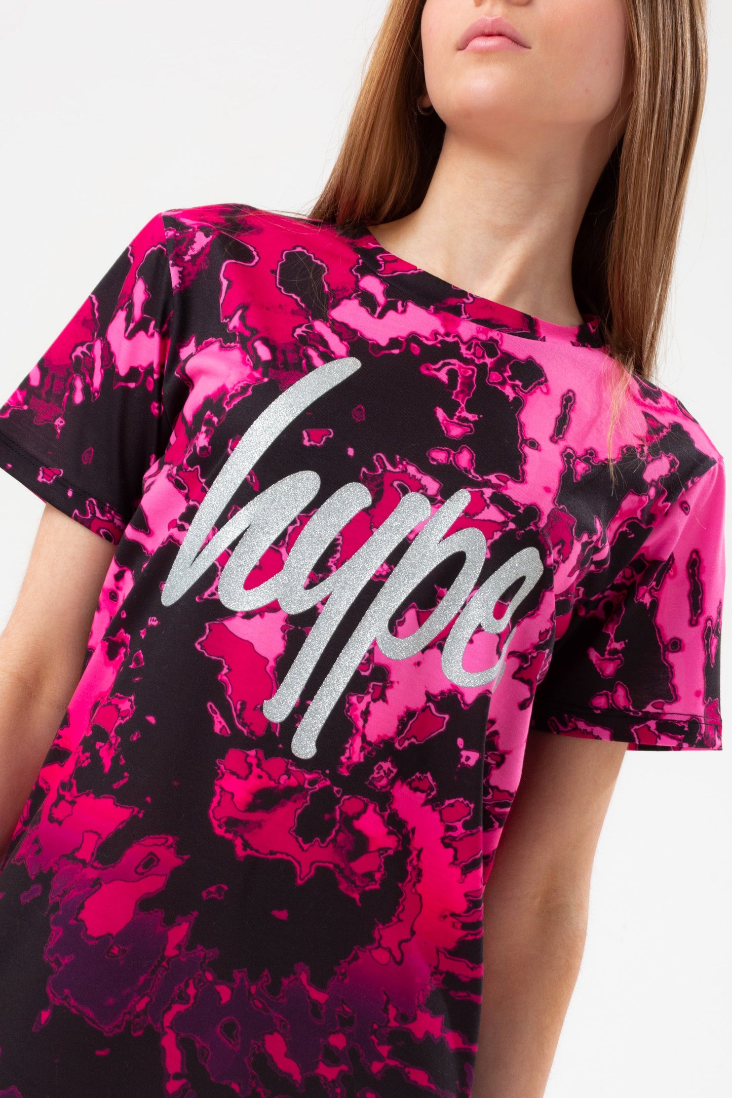 HYPE GIRLS PINK FADE TIE DYE SILVER SCRIPT T-SHIRT DRESS