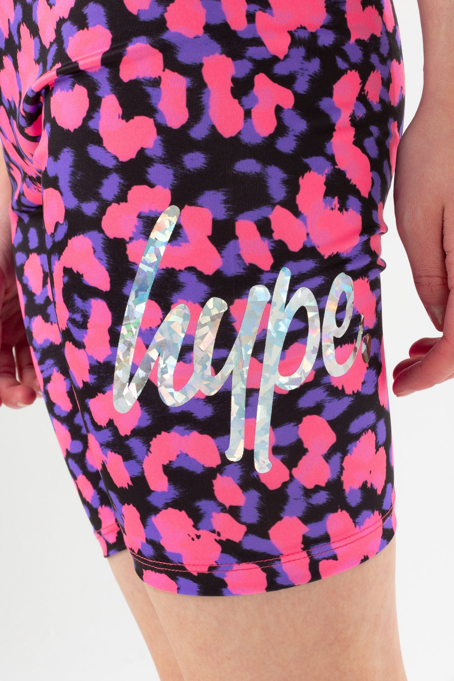 HYPE GIRLS PURPLE NEON CHEETAH FOIL SCRIPT CYCLE SHORTS