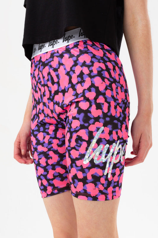 HYPE GIRLS PURPLE NEON CHEETAH FOIL SCRIPT CYCLE SHORTS