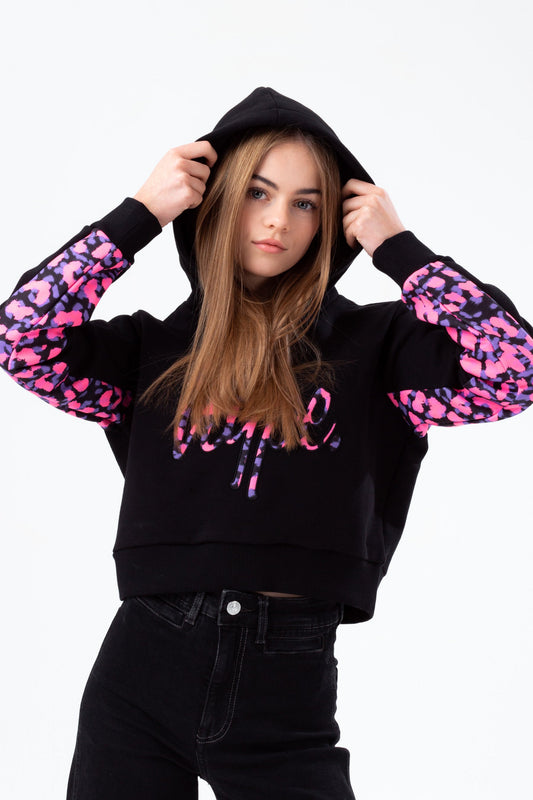 HYPE GIRLS BLACK NEON CHEETAH PANEL SCRIPT CROPPED HOODIE