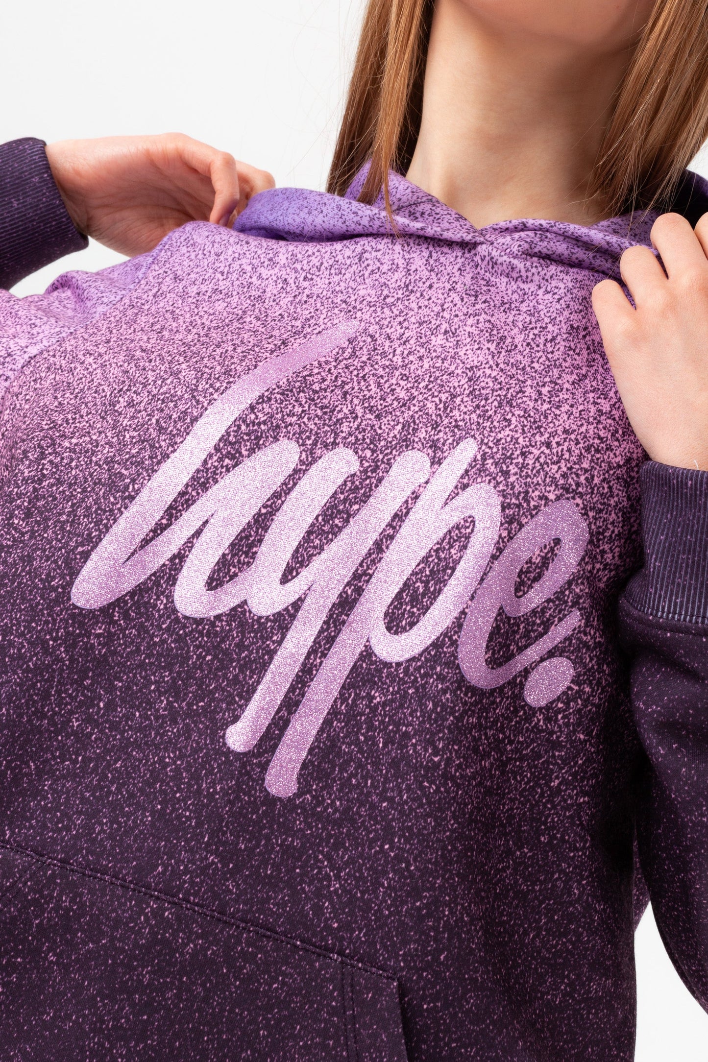 HYPE GIRLS PURPLE SPECKLE FADE GLITTER SCRIPT HOODIE