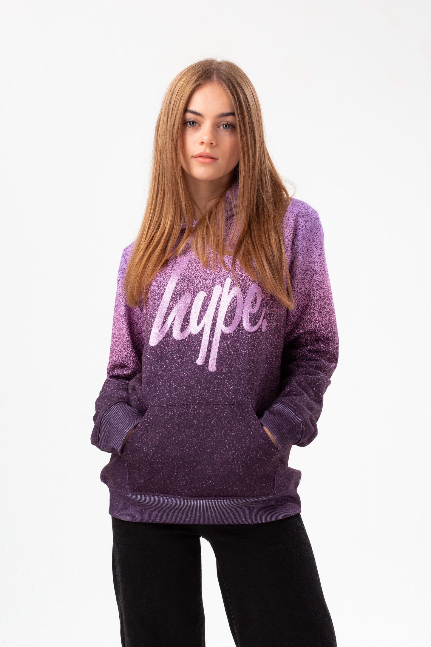 HYPE GIRLS PURPLE SPECKLE FADE GLITTER SCRIPT HOODIE