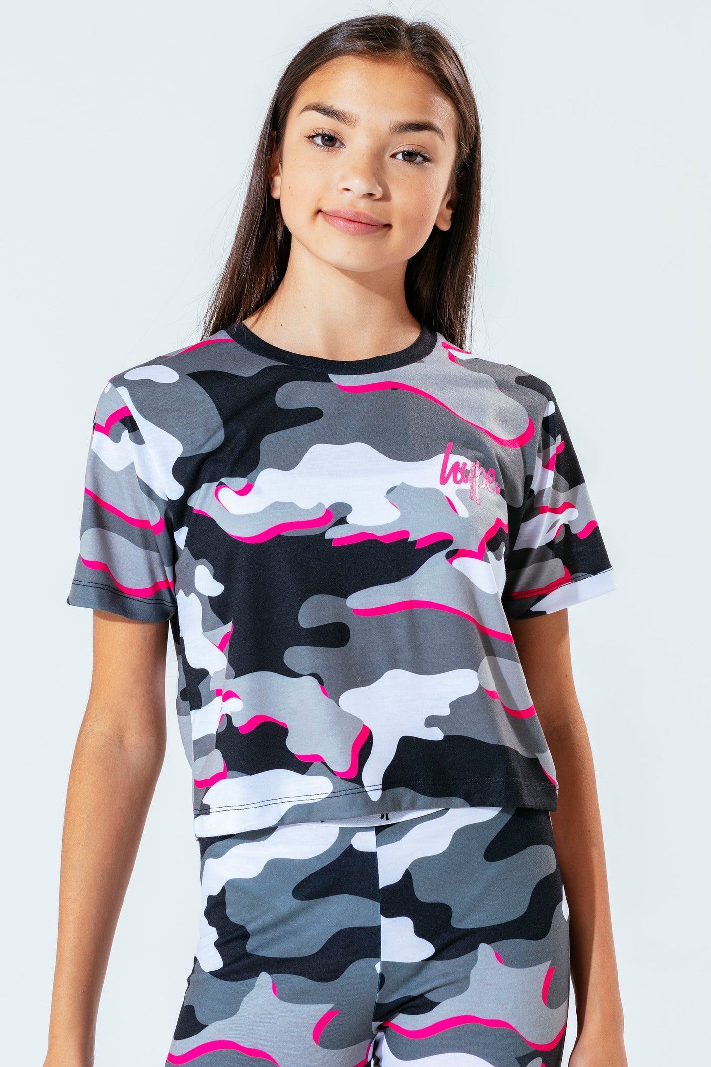 Hype Pink Line Camo Kids Crop T-Shirt
