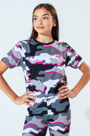 Hype Pink Line Camo Kids Crop T-Shirt