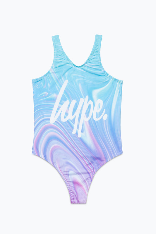 HYPE GIRLS TEAL PURPLE MARBLE SCRIPT SWIMSUIT
