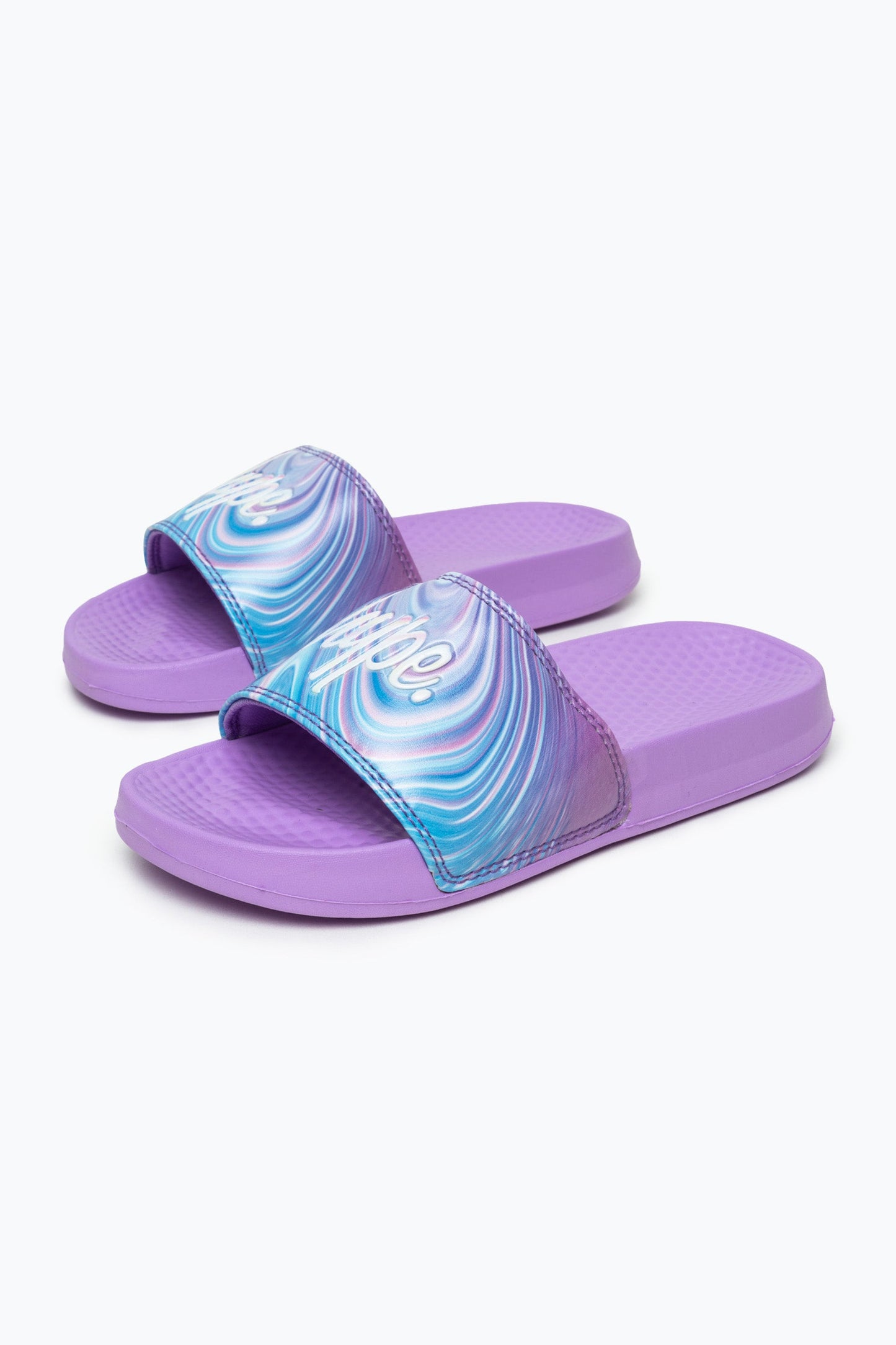 HYPE KIDS UNISEX TEAL PURPLE MARBLE SCRIPT SLIDERS