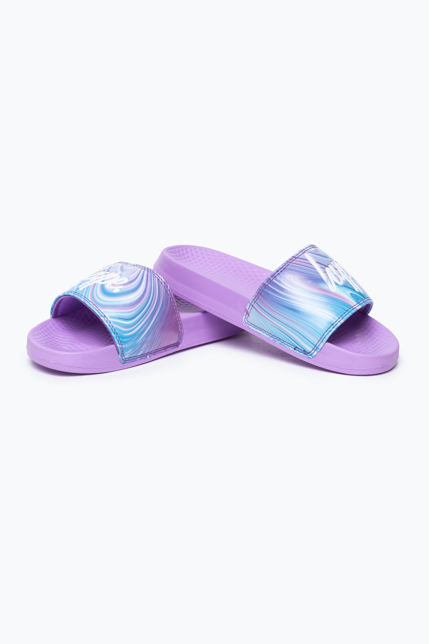 HYPE KIDS UNISEX TEAL PURPLE MARBLE SCRIPT SLIDERS