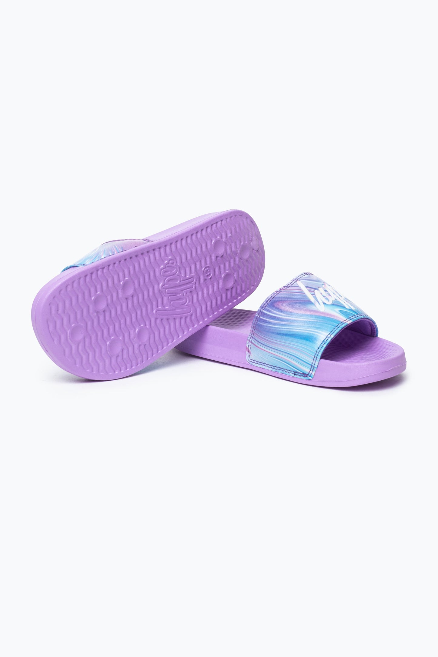 HYPE KIDS UNISEX TEAL PURPLE MARBLE SCRIPT SLIDERS