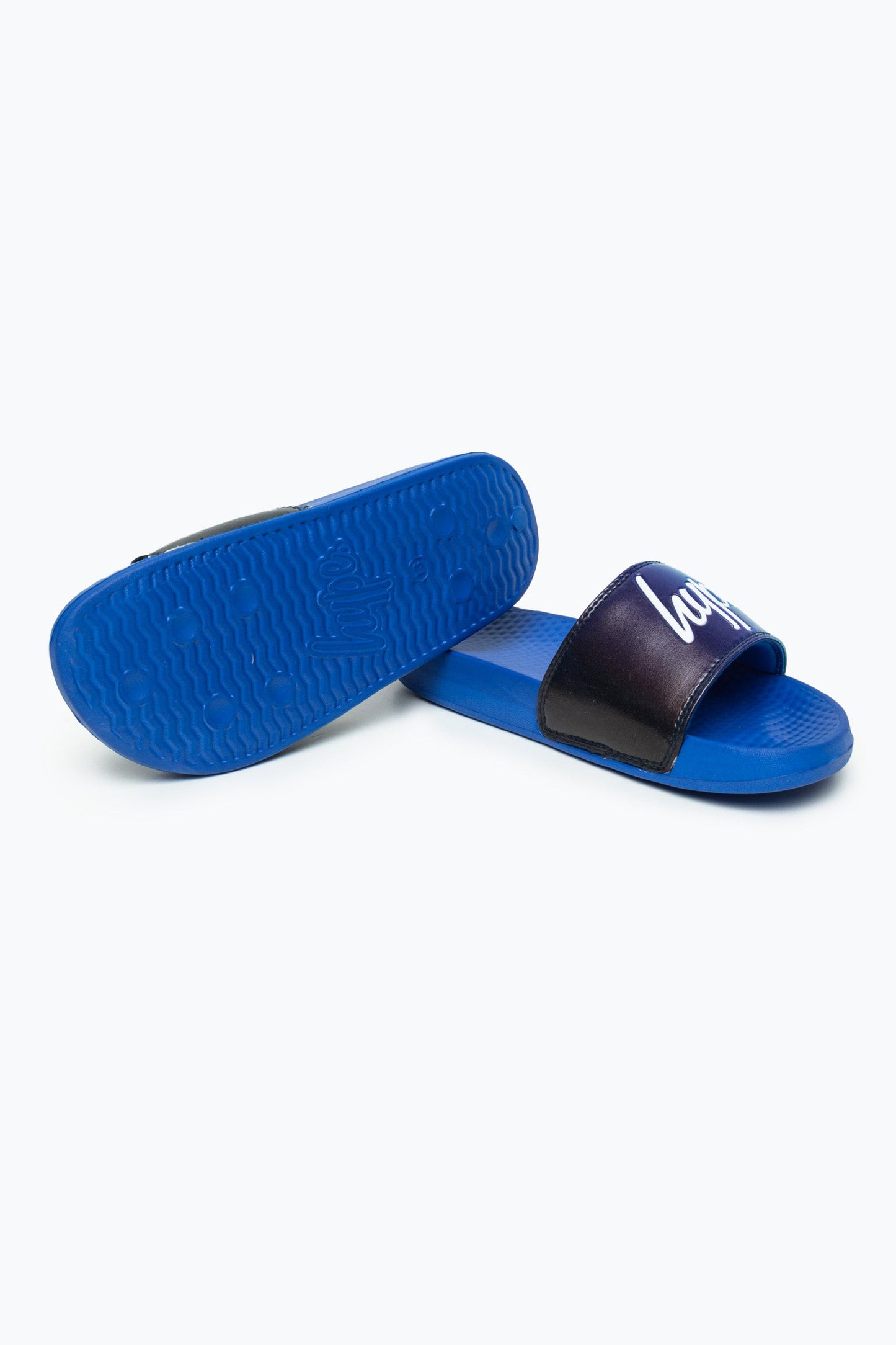 HYPE KIDS UNISEX BLUE SPECKLE FADE SCRIPT SLIDERS