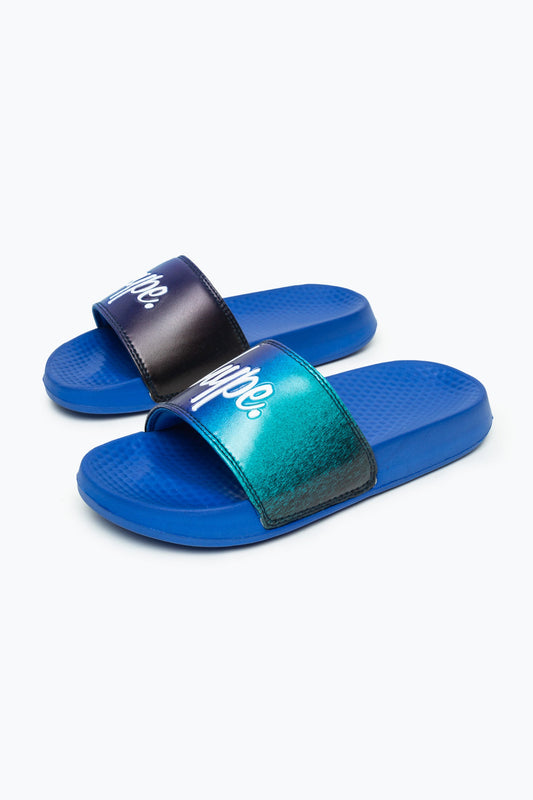 HYPE KIDS UNISEX BLUE SPECKLE FADE SCRIPT SLIDERS