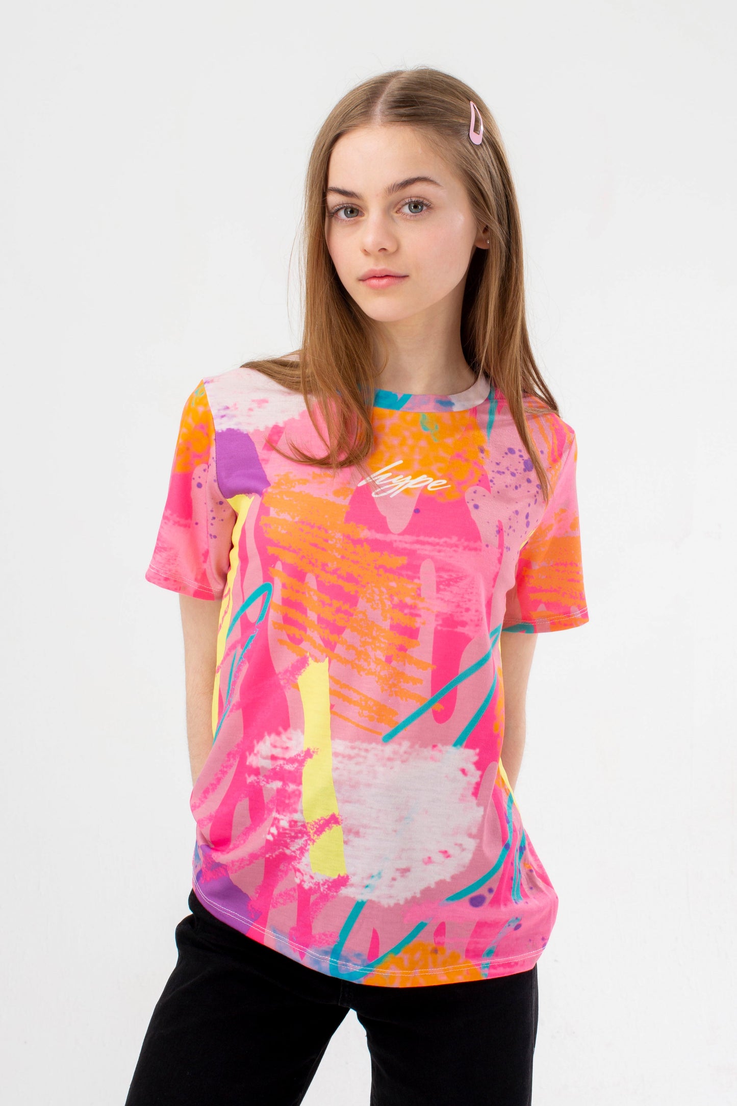 HYPE GIRLS PINK MARKER SCRIBBLE SCRIPT T-SHIRT