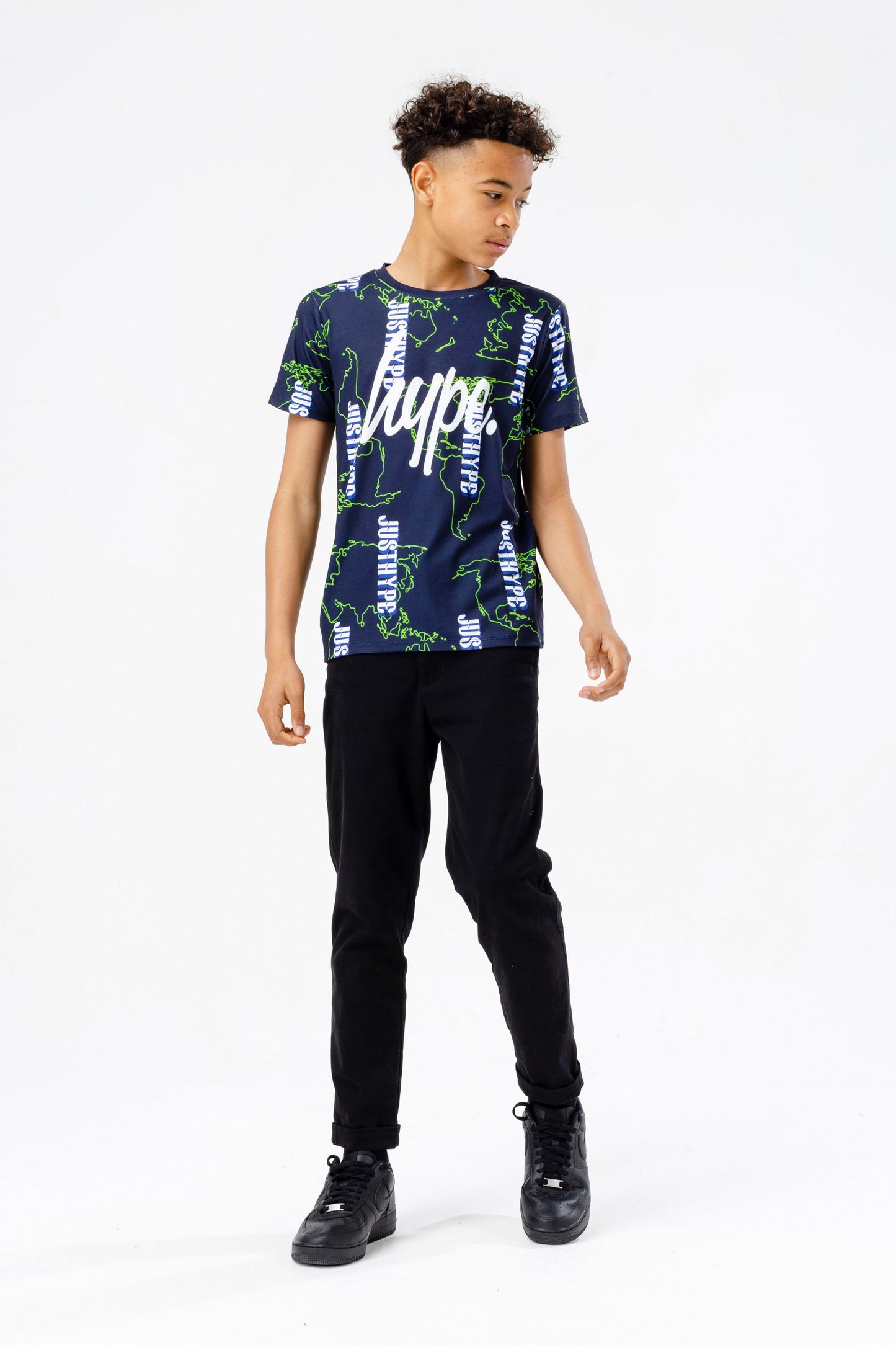 HYPE BOYS NAVY MAP LOGO SCRIPT T-SHIRT