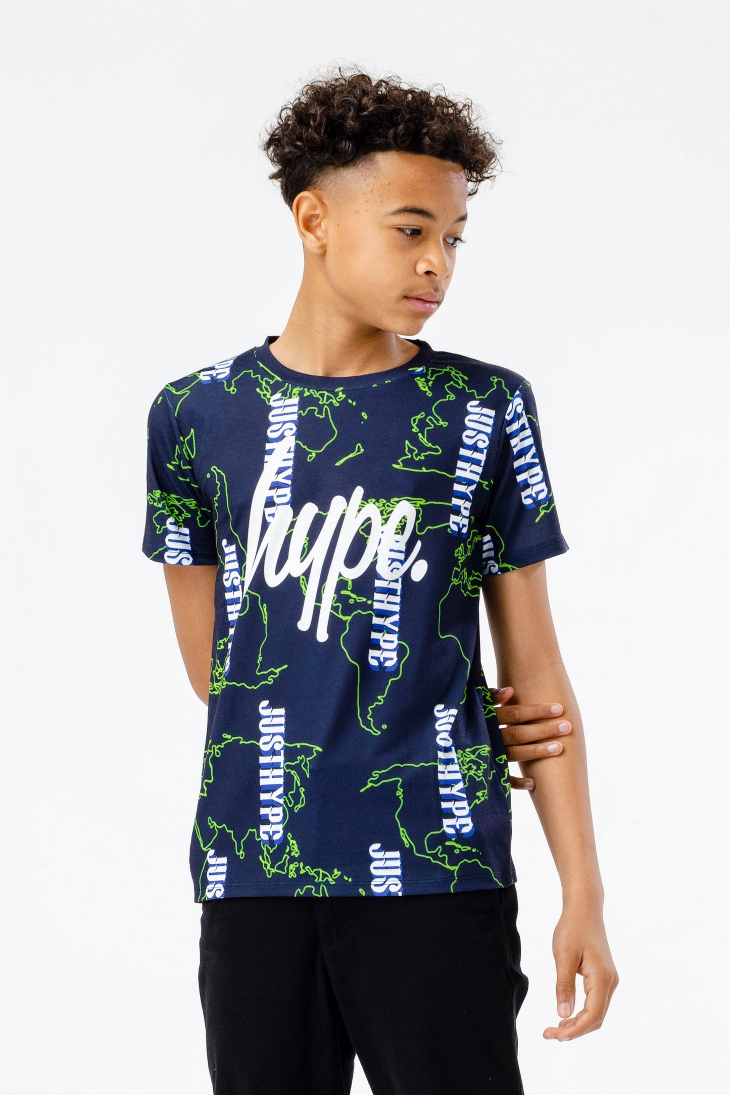 HYPE BOYS NAVY MAP LOGO SCRIPT T-SHIRT