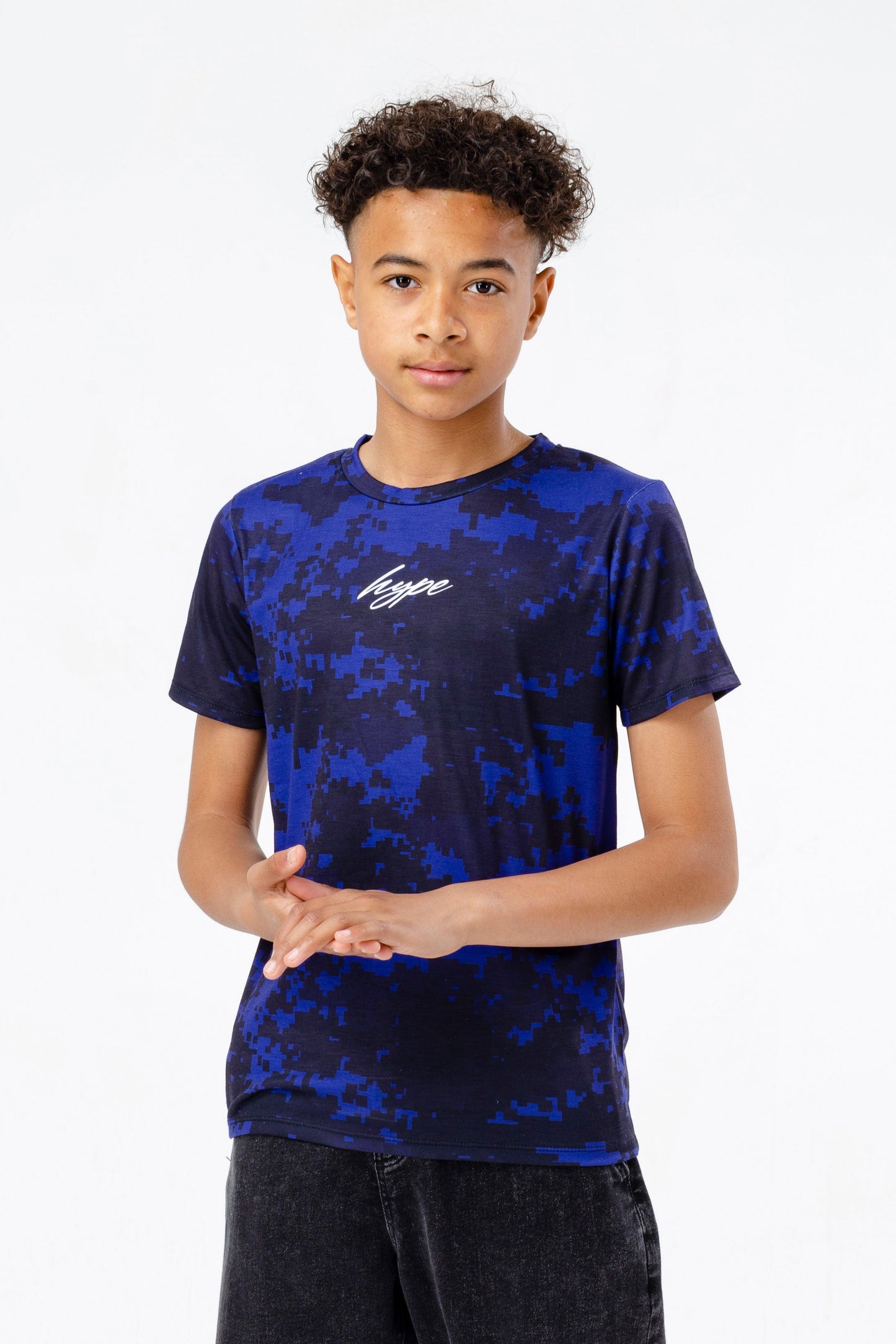 HYPE BOYS NAVY PIXEL CAMO SCRIBBLE T-SHIRT