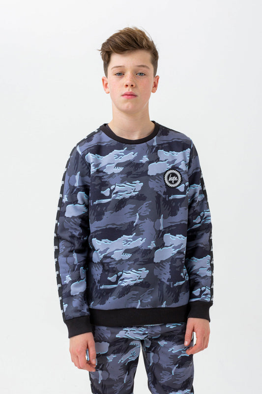 HYPE BOYS GREY GLOOM CAMO CREST CREW NECK