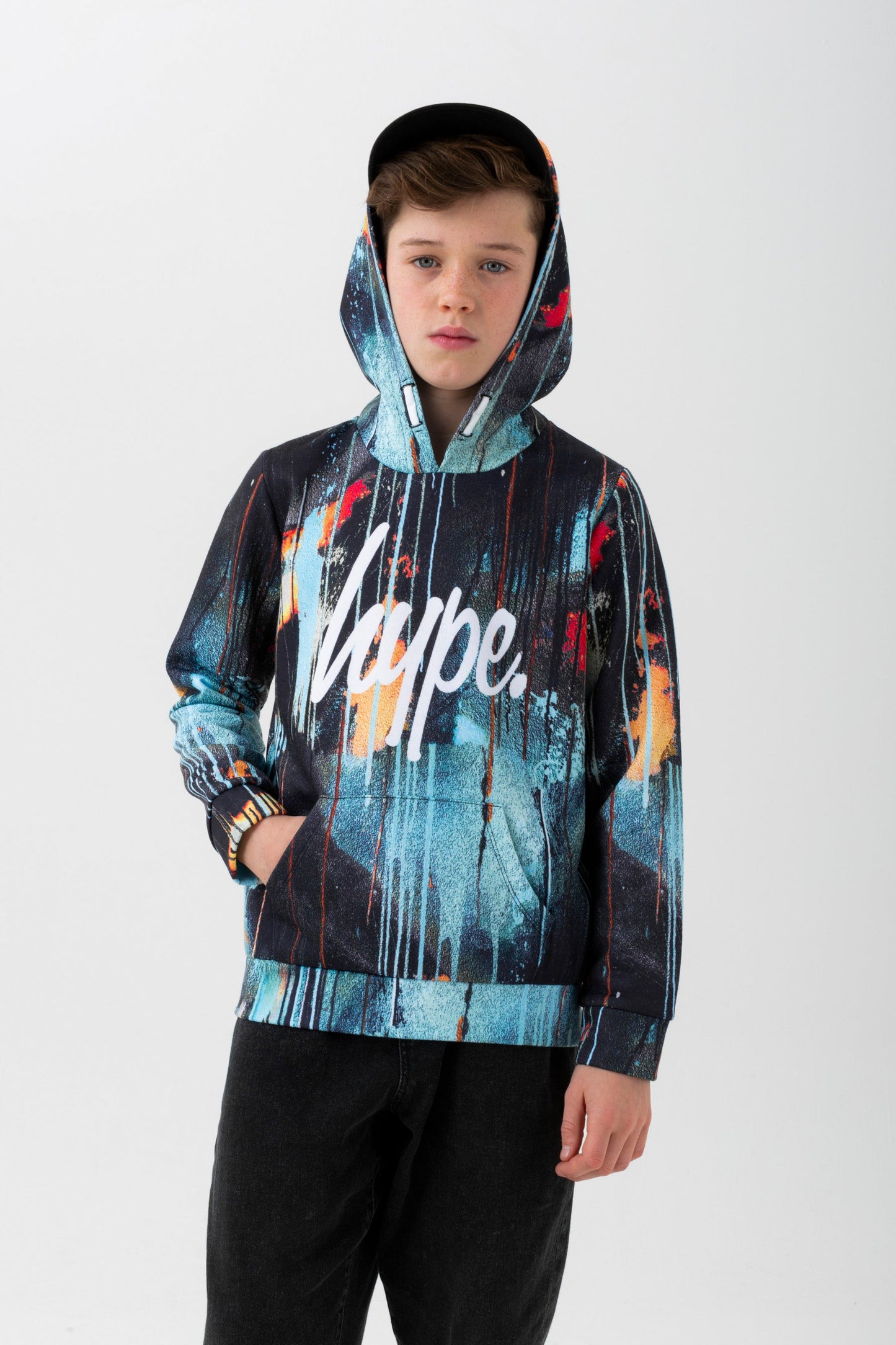 HYPE BOYS TURQUOISE SPRAY DRIPS SCRIPT HOODIE