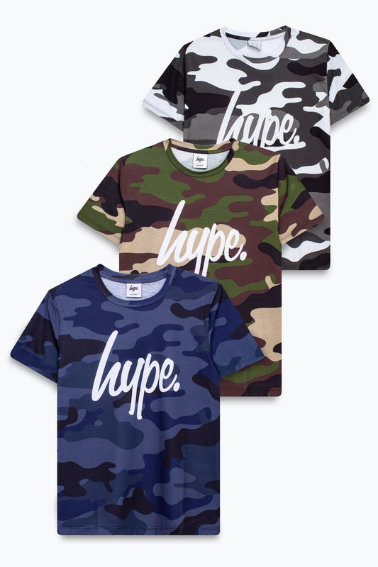 HYPE BOYS MULTI CAMO SCRIPT T-SHIRT 3 PACK