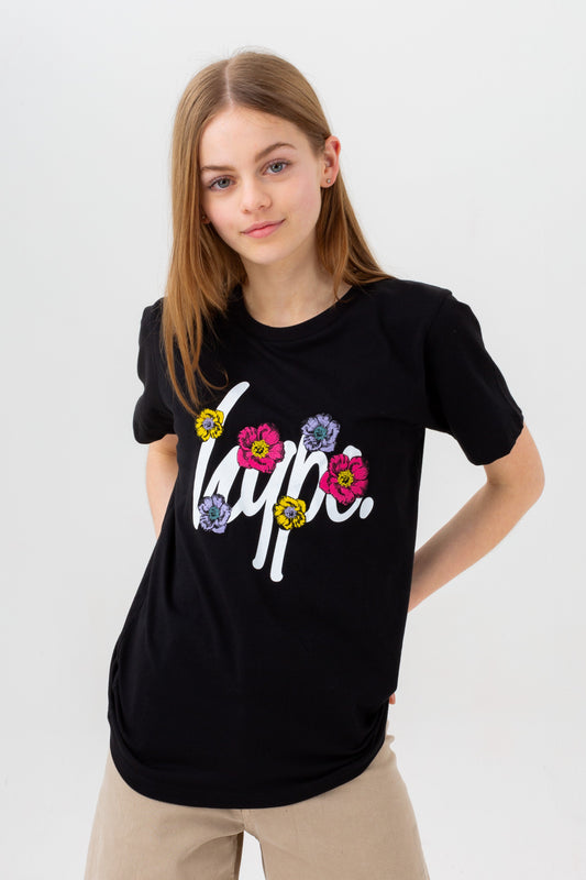 HYPE GIRLS BLACK FLOWER PATCH SCRIPT T-SHIRT