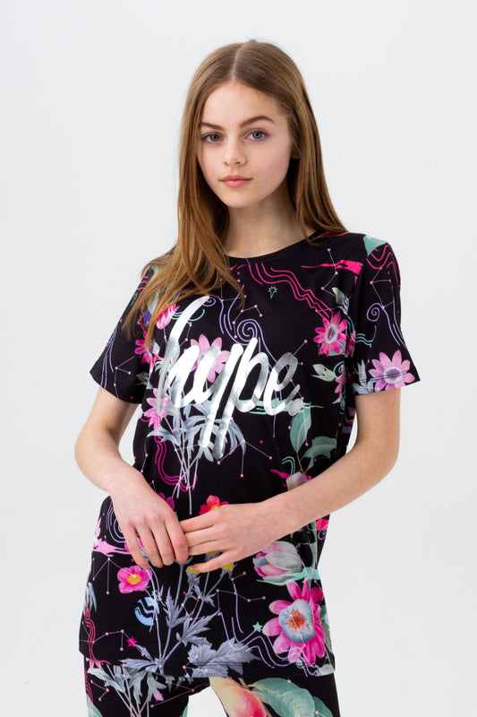 HYPE GIRLS BLACK MYSTIC FLOWER SCRIPT T-SHIRT