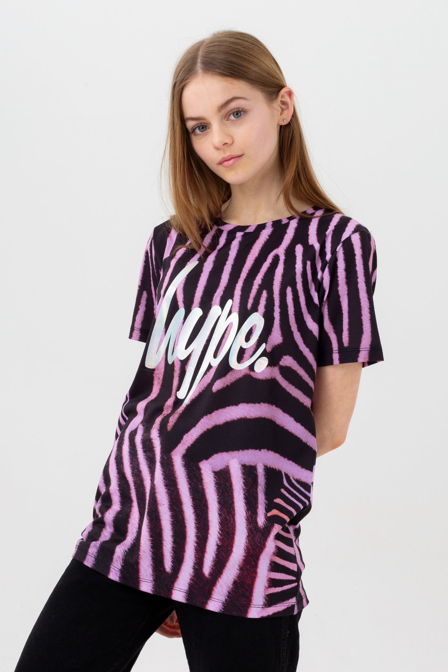 HYPE GIRLS BLACK ZEBRA CRUSH SCRIPT T-SHIRT