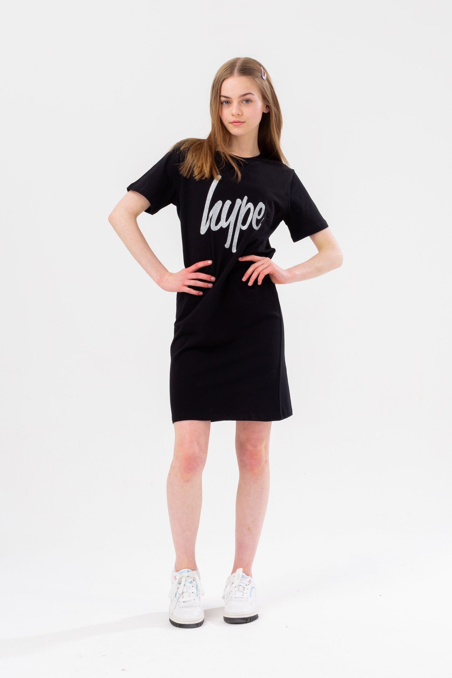 HYPE GIRLS BLACK GLITTER SCRIPT TEE DRESS