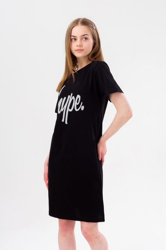 HYPE GIRLS BLACK GLITTER SCRIPT TEE DRESS