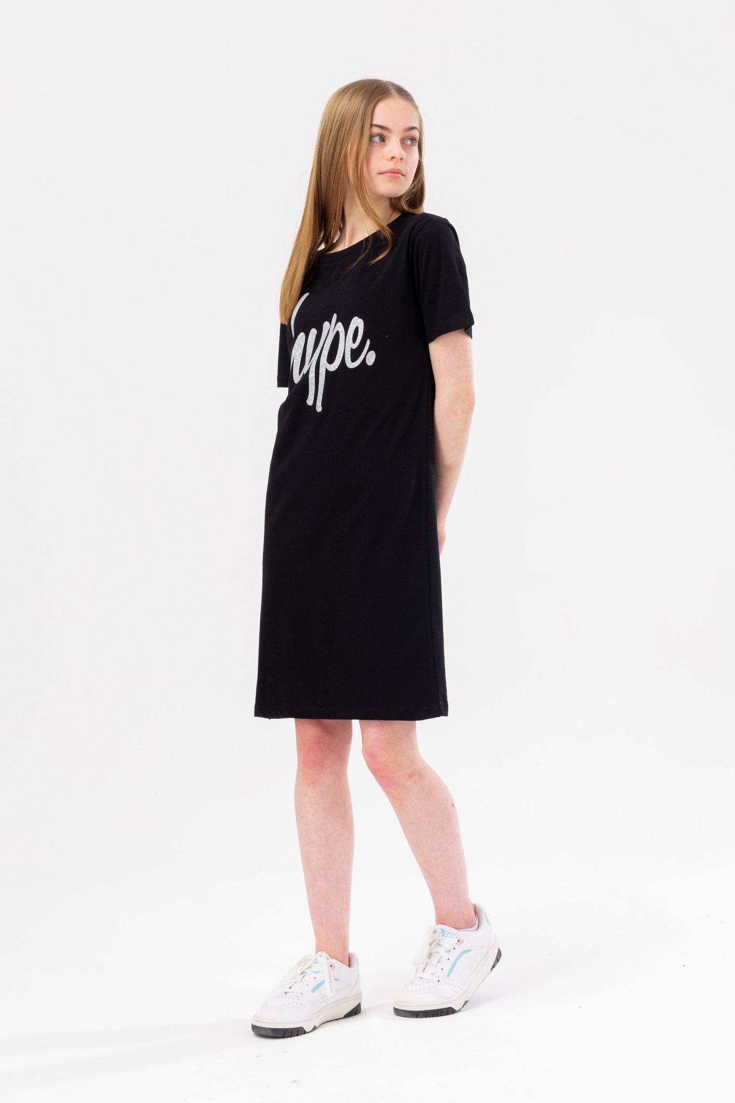 HYPE GIRLS BLACK GLITTER SCRIPT TEE DRESS