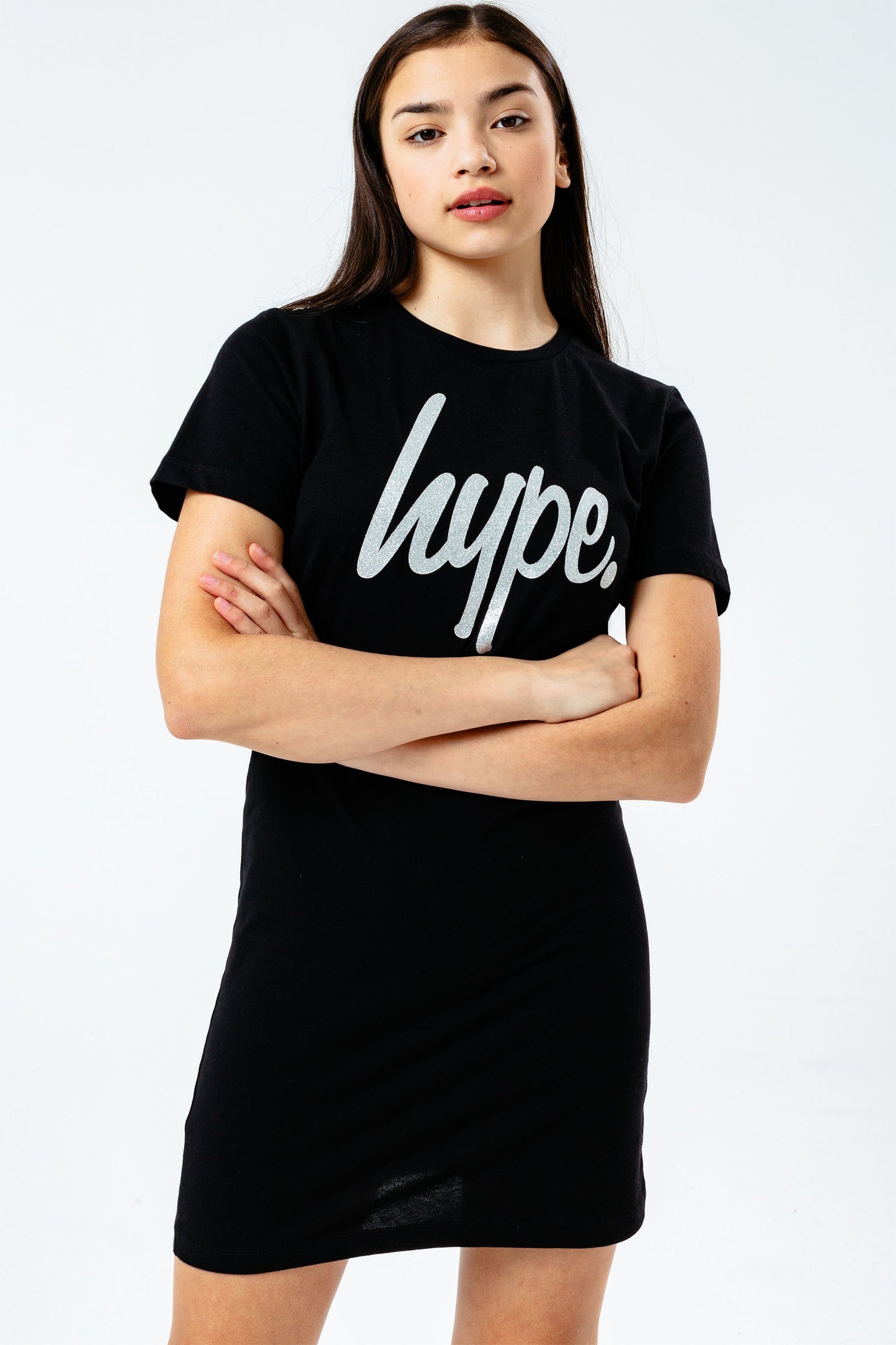 HYPE GIRLS BLACK GLITTER SCRIPT TEE DRESS